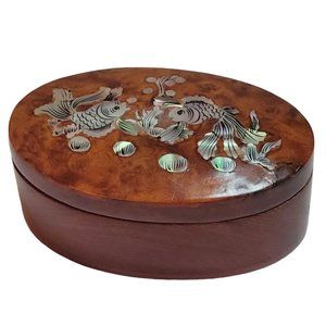 Vintage Mother of Pearl Hinged Oval Brown Wooden Jewelry Box
